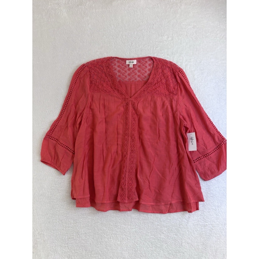 Style&Co Women Blouse Top XXL Orange Embroidery V Neck 3/4 Sleeve Lined Comfort